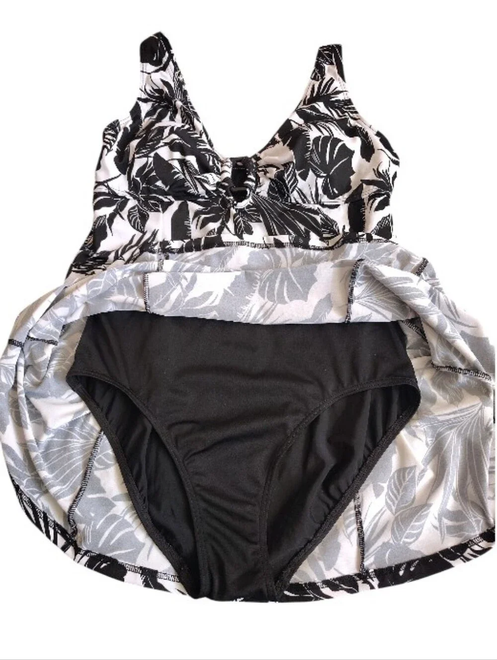 Fit 4U Black White Tropical One Piece Swimsuit Dress SZ 10 Fit 4 Ur Thighs